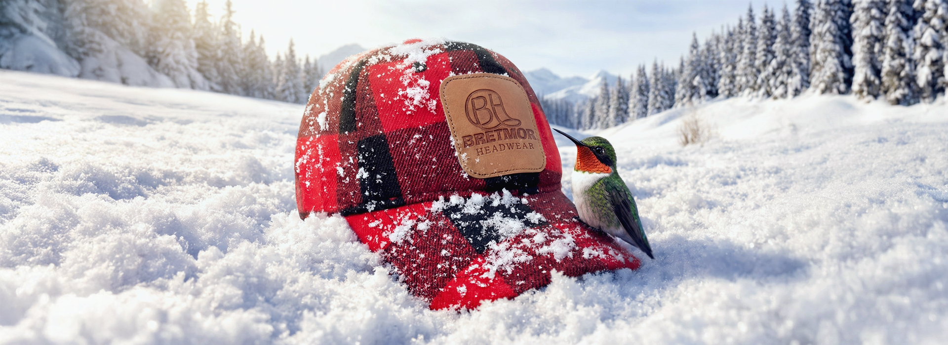 Background image of a cap with a leather patch on a post with hummingbirds hovering around it